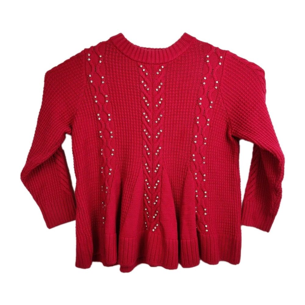 Roaman's Sweater Women's 14/16 Red Rhinestone Accents Cable Knit Pullover Crew